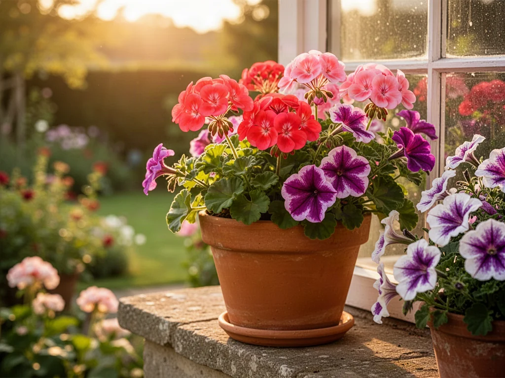Terakotowa donica z kolorowymi pelargoniami i petuniami na słonecznym, kamiennym parapecie zewnętrznym.